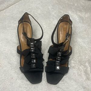 BCBG Max Azria Black Heels Bows Rhinestones Leather Satin Size 7B/37
